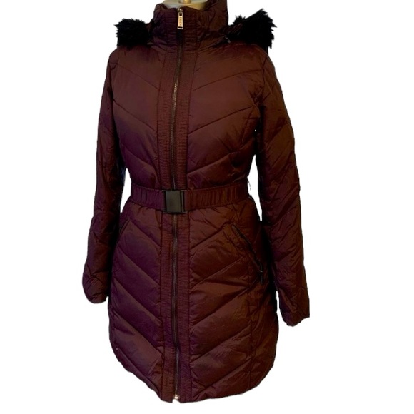 DKNY Plum Down Puffer Faux Fur Jacket Coat - Picture 2 of 13